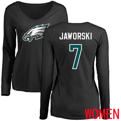 Women Philadelphia Eagles #7 Ron Jaworski Black Name and Number Logo Slim Fit Long Sleeve NFL T Shirt.->nfl t-shirts->Sports Accessory